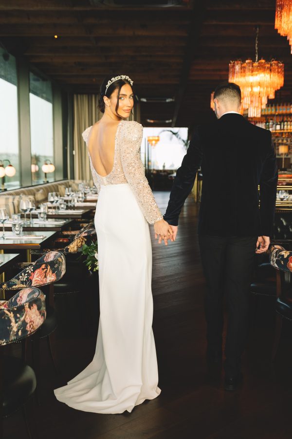 Wedding couple in Sophies Rooftop Restaurant at the Dean Galway