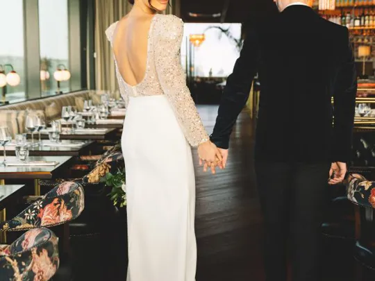 Wedding couple in Sophies Rooftop Restaurant at the Dean Galway